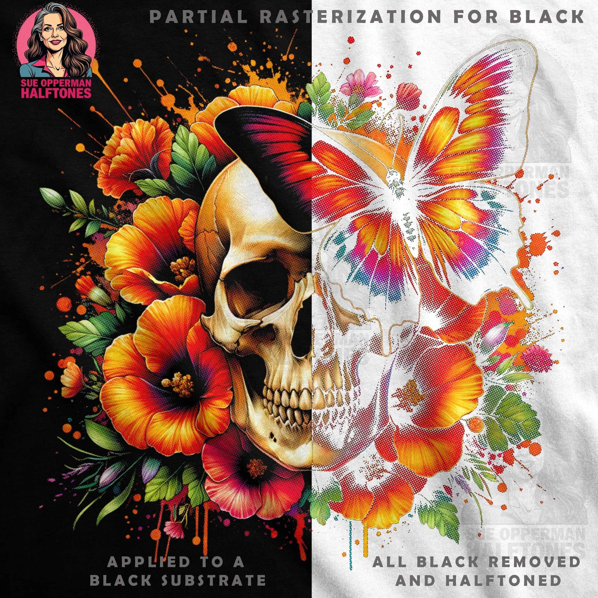 Skull Flowers Butterfly Halftone T-Shirt Design - halftone PNG for T-shirts – Sue Opperman Halftones