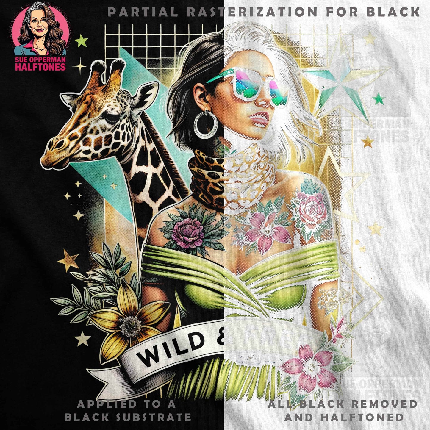 Portrait Flowers Giraffe Wild and Free Halftoned T-Shirt Design - halftone PNG for T-shirts – Sue Opperman Halftones