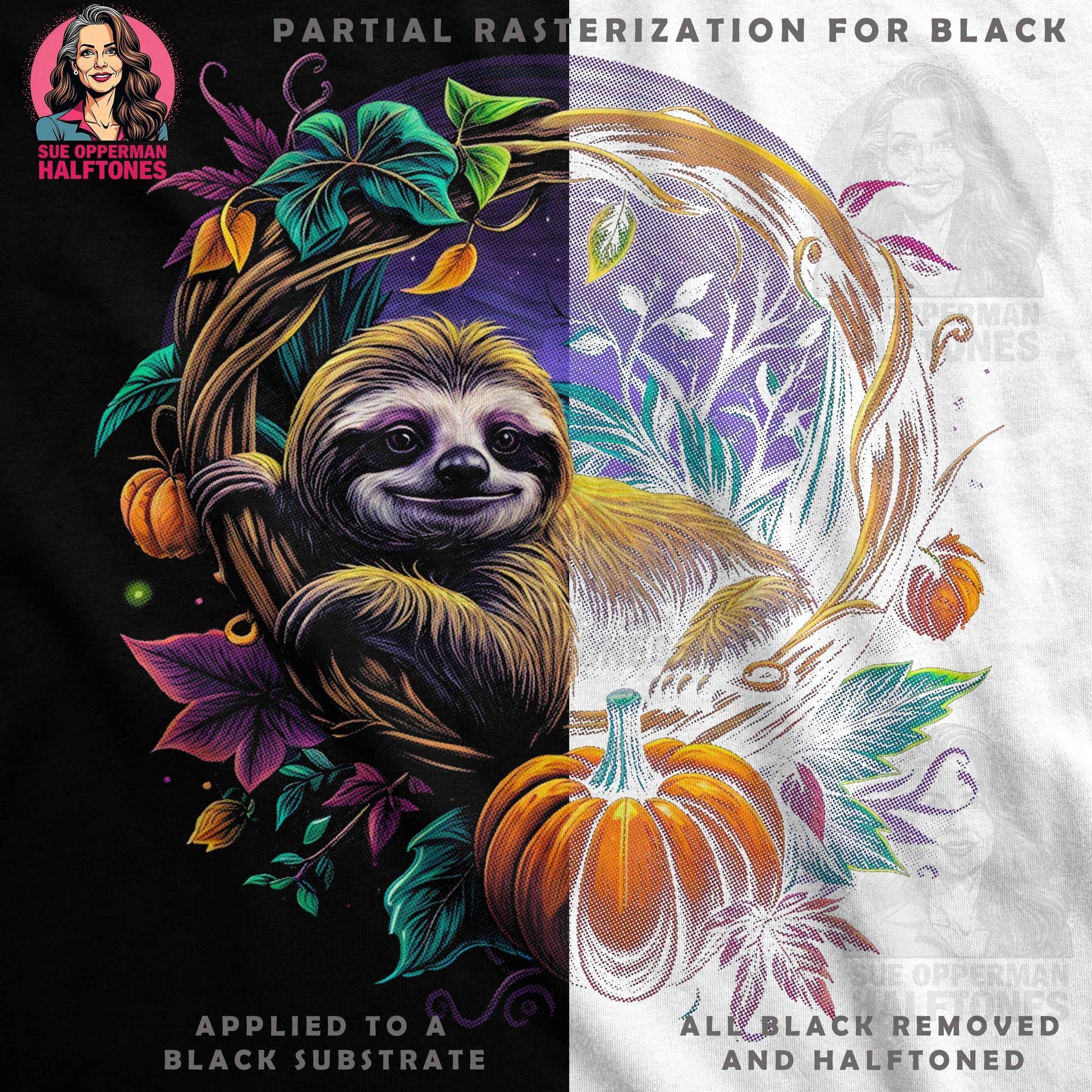 Sloth Autumn Scene Digital Halftoned T-Shirt Design - halftone PNG for T-shirts – Sue Opperman Halftones