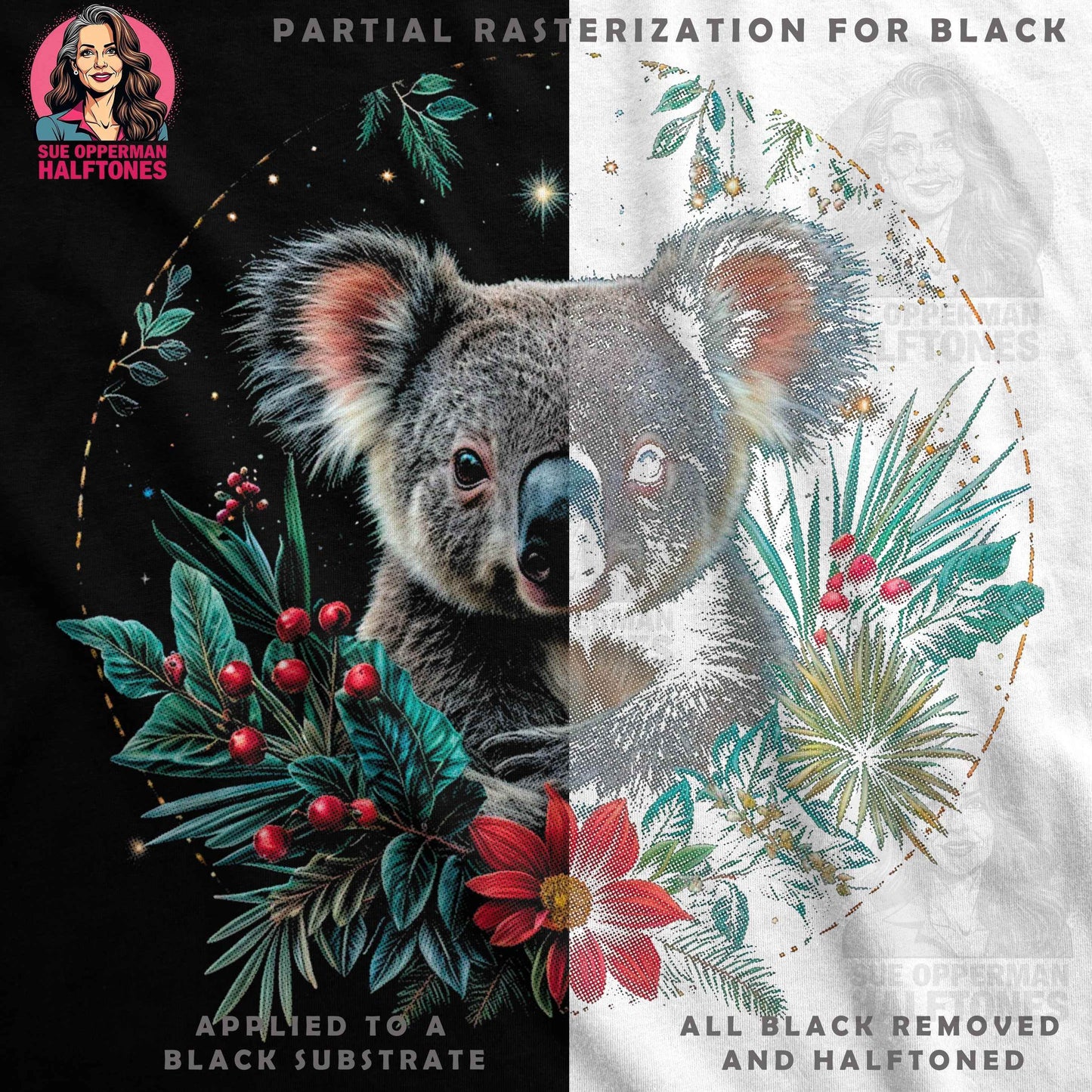 Christmas Koala with Floral Frame Halftone T-Shirt Design - halftone PNG for T-shirts – Sue Opperman Halftones