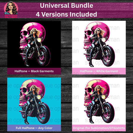 Bike with Skull Universal Print Bundle Digital - halftone PNG for T-shirts – Sue Opperman Halftones