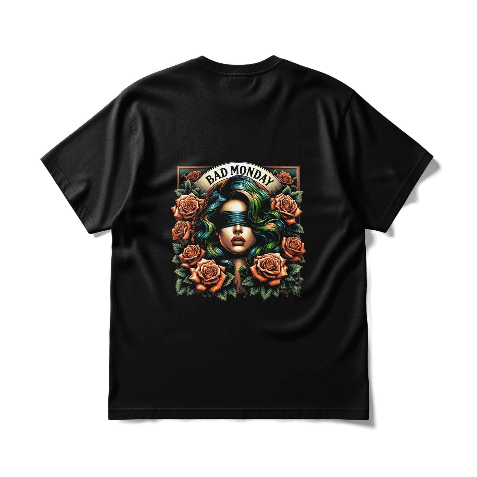 Bad Monday Roses Blindfolded Woman Digital halftoned T-Shirt Design - halftone PNG for T-shirts – Sue Opperman Halftones