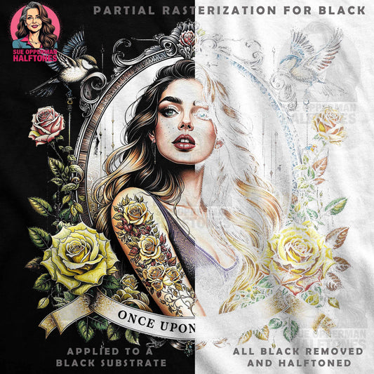Portrait Woman with Roses Once Upon A Dream Halftoned T-Shirt Design - halftone PNG for T-shirts – Sue Opperman Halftones