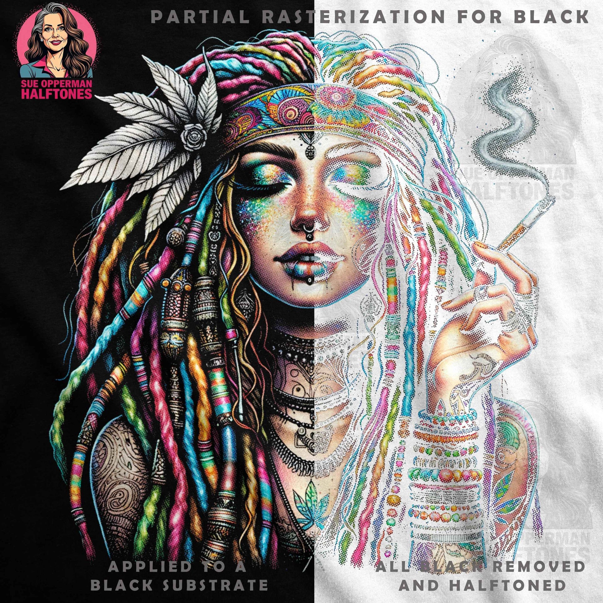 Boho Girl with Dreadlocks and a Joint Halftoned T-Shirt Design - halftone PNG for T-shirts – Sue Opperman Halftones