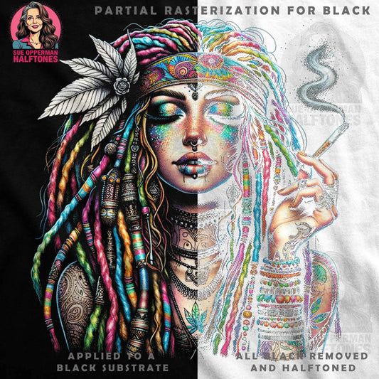 Boho Girl with Dreadlocks and a Joint Halftoned T-Shirt Design - halftone PNG for T-shirts – Sue Opperman Halftones