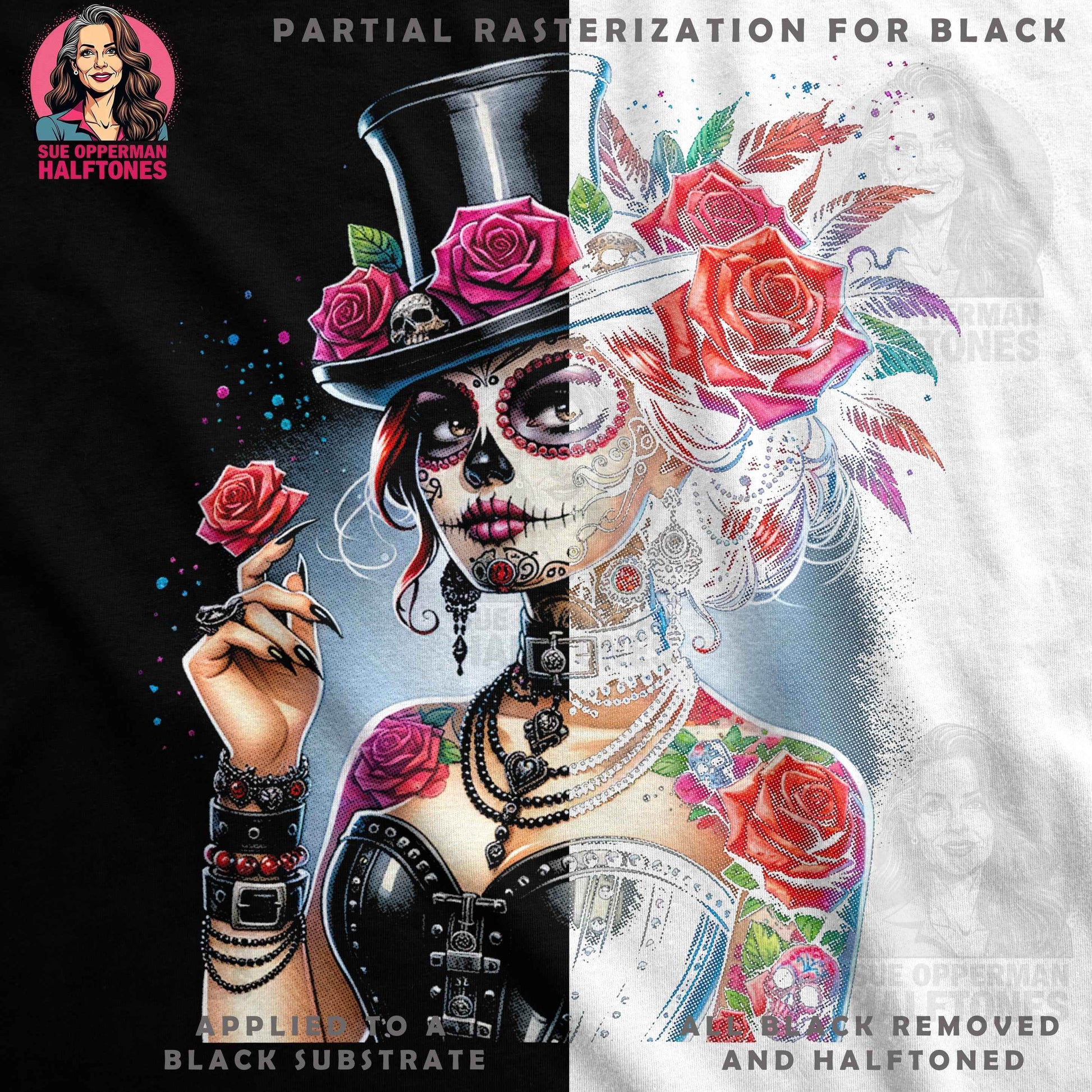 Sugar Skull Lady Roses Flowers Digital halftoned T-Shirt Design - halftone PNG for T-shirts – Sue Opperman Halftones