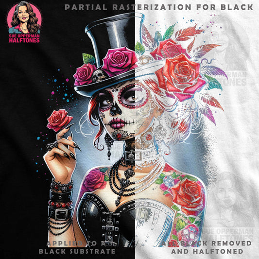 Sugar Skull Lady Roses Flowers Digital halftoned T-Shirt Design - halftone PNG for T-shirts – Sue Opperman Halftones