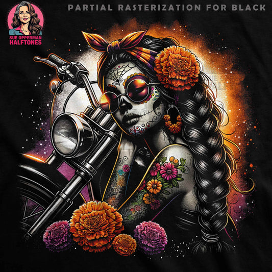 Day of the Dead Sugar Skull Rider Halftoned T-Shirt Design - halftone PNG for T-shirts – Sue Opperman Halftones