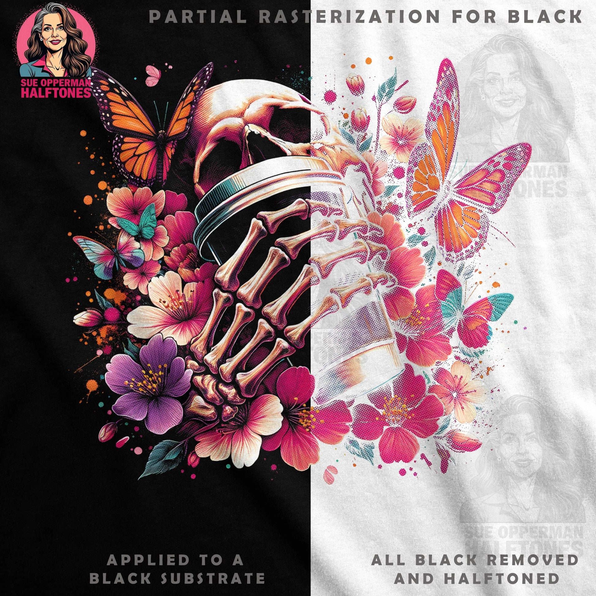 Floral Skull And Butterfly Halftone T-Shirt Design - halftone PNG for T-shirts – Sue Opperman Halftones