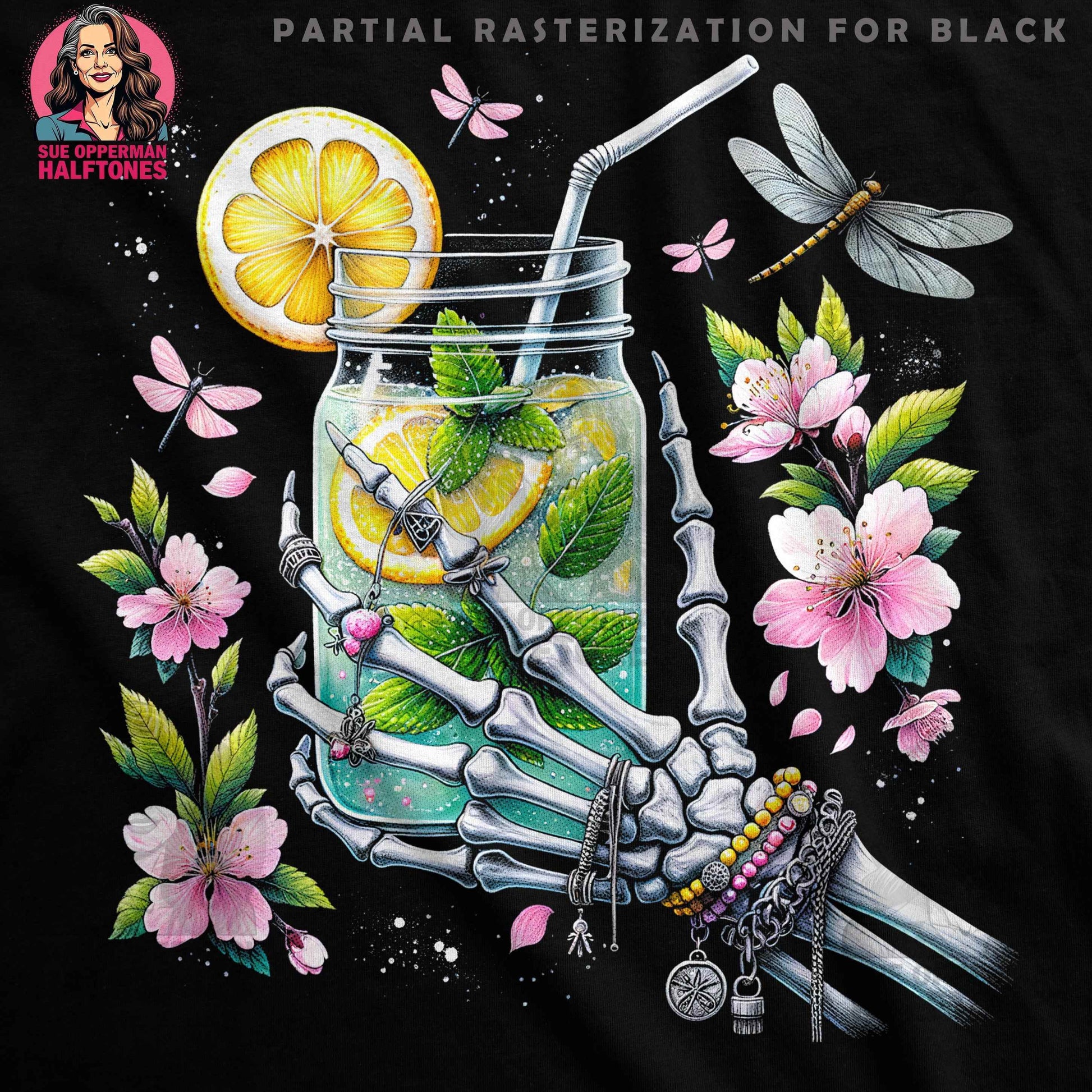 Floral Lemonade with Skeleton Hand Halftoned T-Shirt Design - halftone PNG for T-shirts – Sue Opperman Halftones