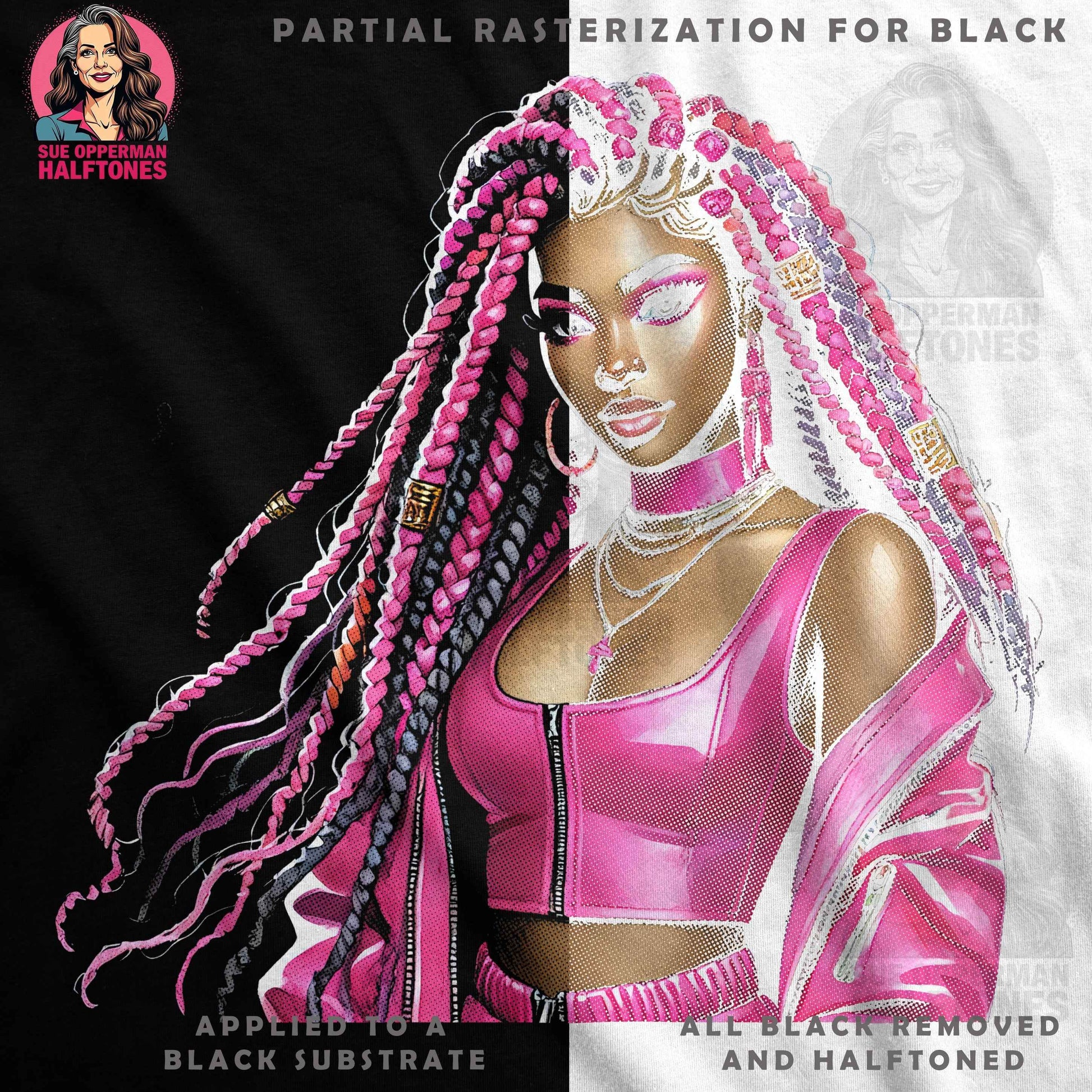 Portrait Braids Woman in Pink Halftone T-Shirt Design - halftone PNG for T-shirts – Sue Opperman Halftones