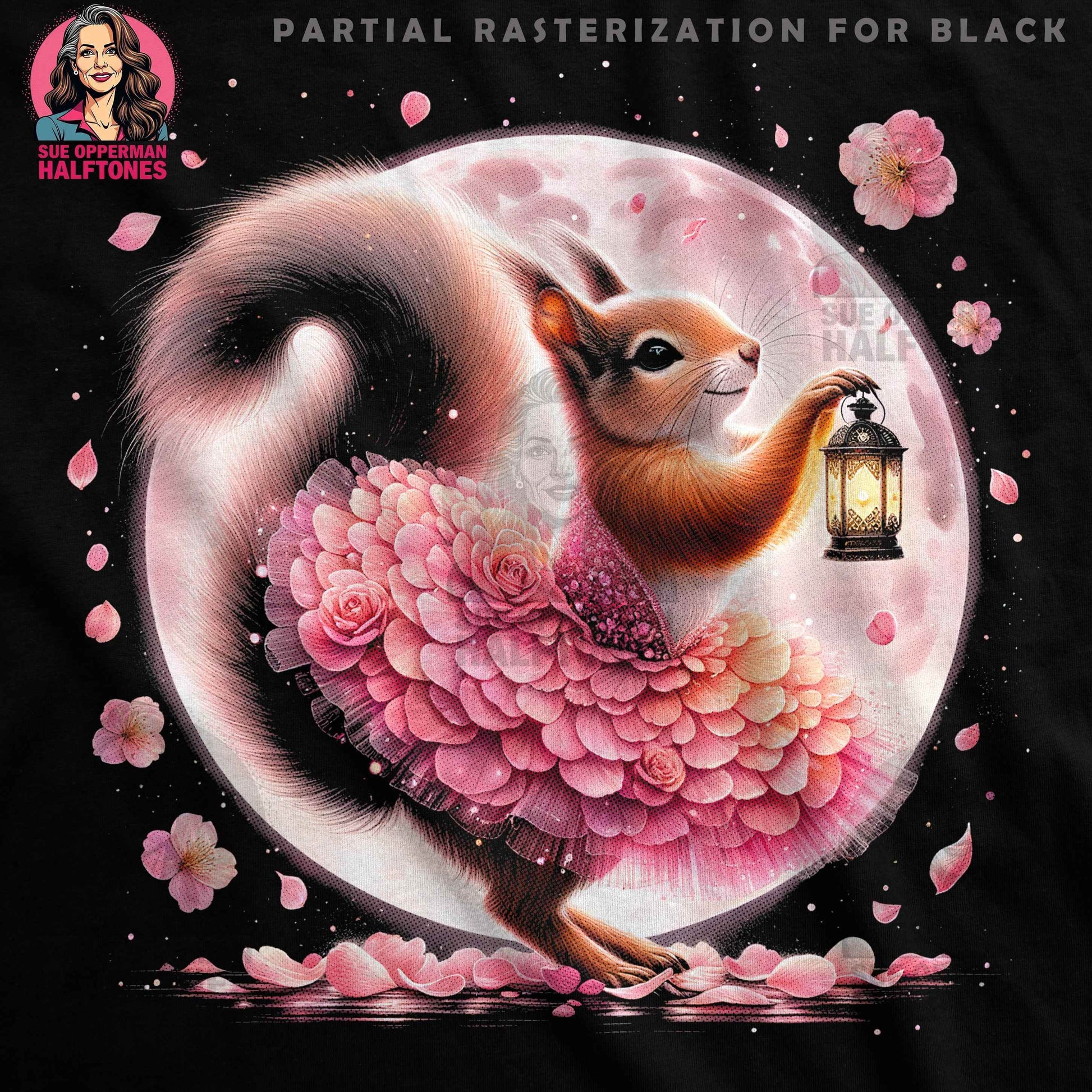 Whimsical Squirrel With Rose Dress Halftoned T-Shirt Design - halftone PNG for T-shirts – Sue Opperman Halftones
