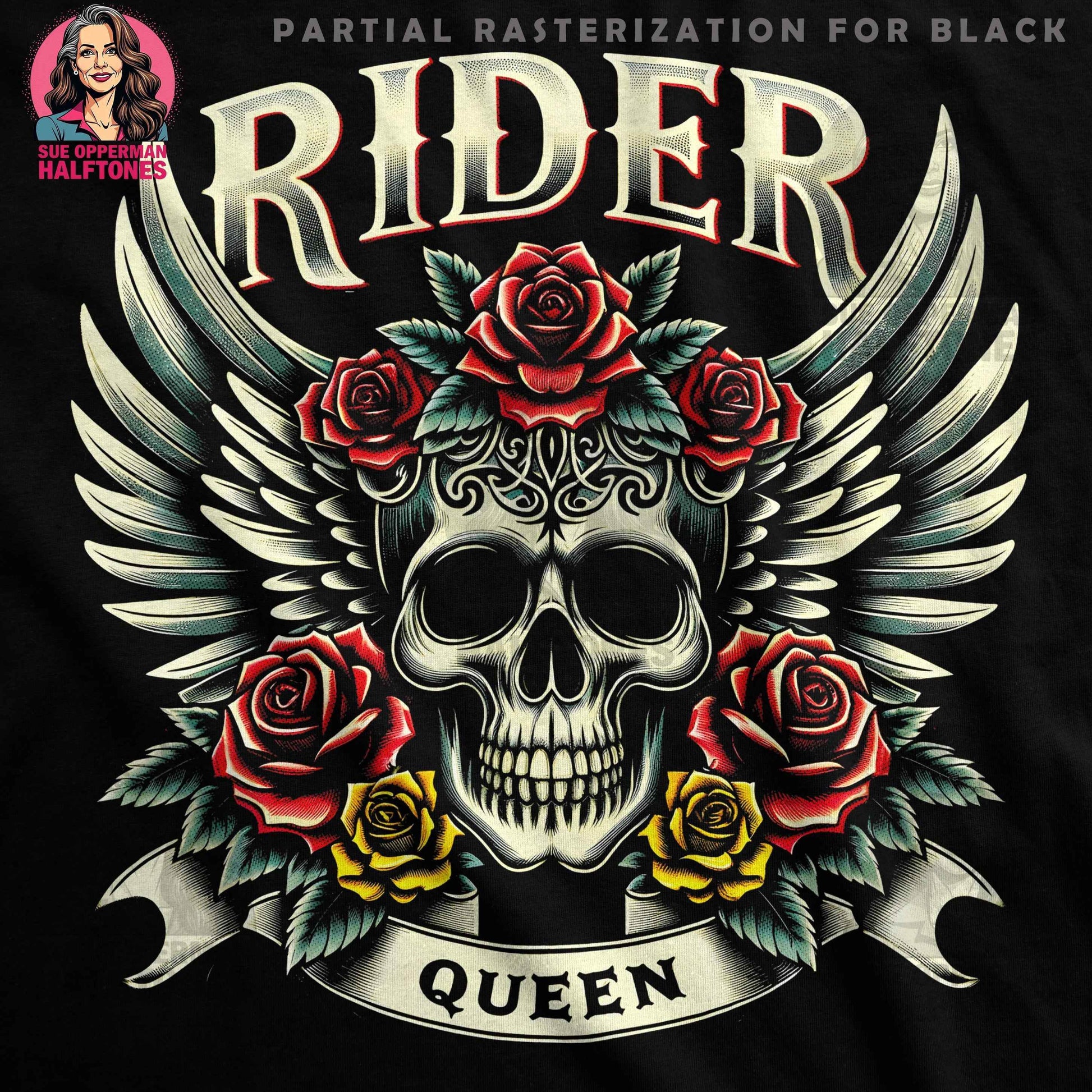 Gothic Rider Queen Skull Rose Halftone T-Shirt Design - halftone PNG for T-shirts – Sue Opperman Halftones