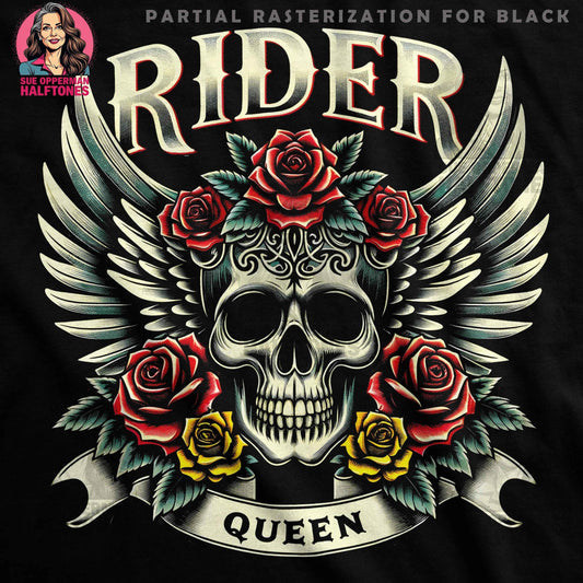 Gothic Rider Queen Skull Rose Halftone T-Shirt Design - halftone PNG for T-shirts – Sue Opperman Halftones