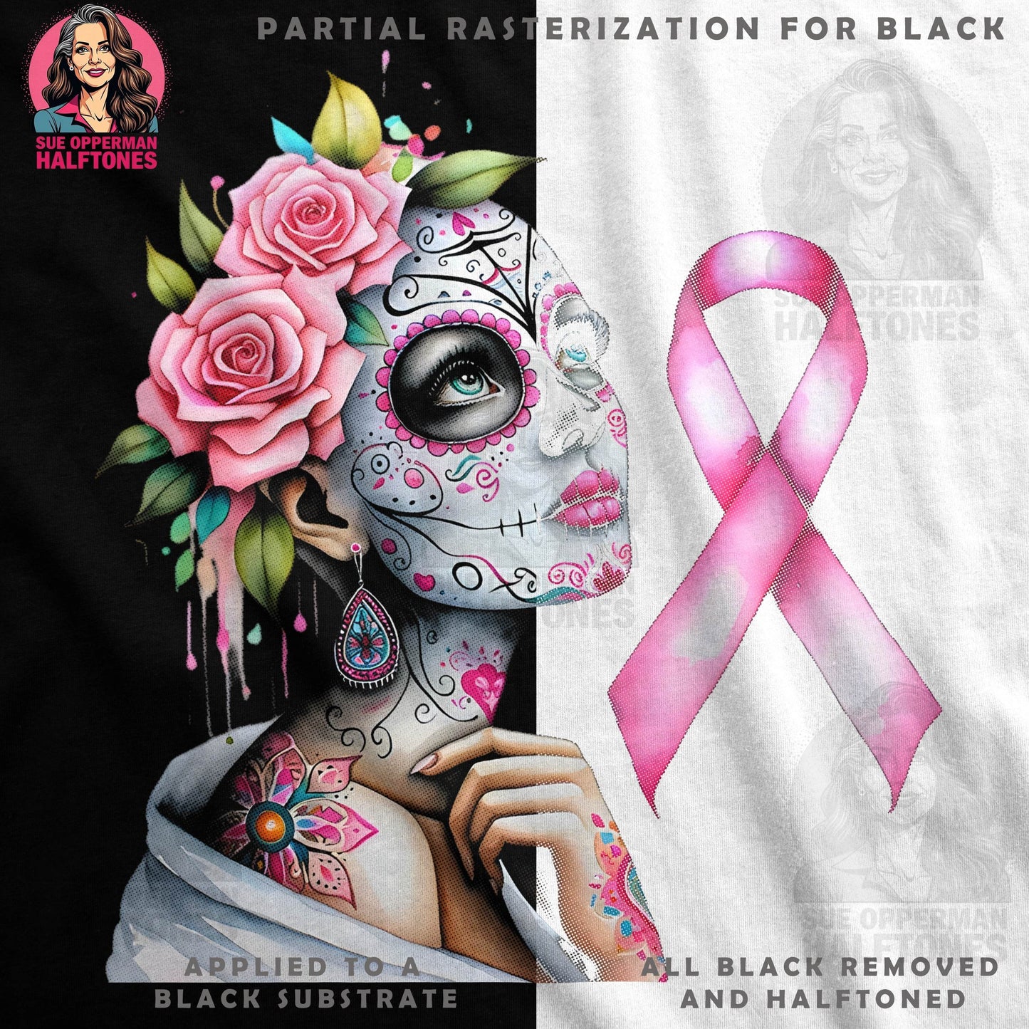 Breast Cancer Awareness Sugar Skull Halftoned T-Shirt Design - halftone PNG for T-shirts – Sue Opperman Halftones