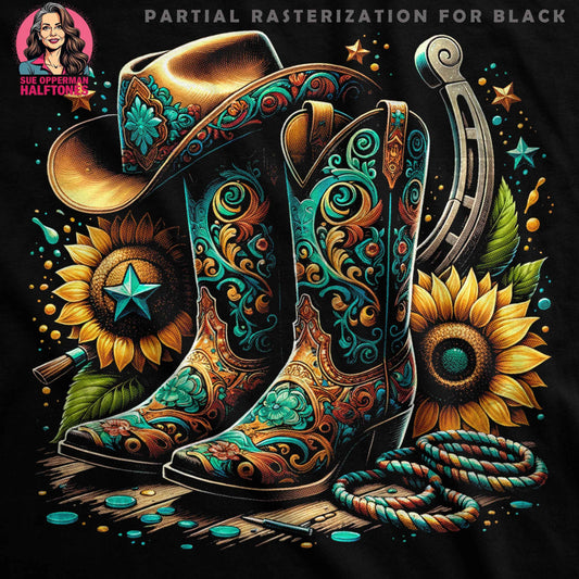 Western Boots Sunflowers Halftone T-Shirt Design - halftone PNG for T-shirts – Sue Opperman Halftones