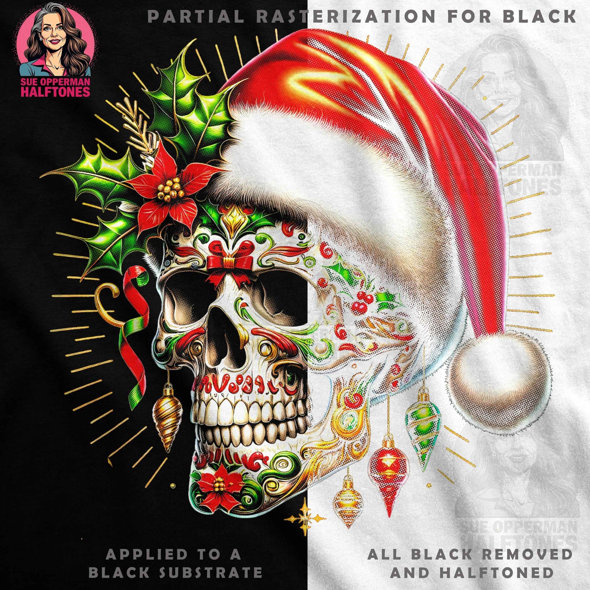Christmas Sugar Skull with Santa Hat Halftone T-Shirt Designs - halftone PNG for T-shirts – Sue Opperman Halftones