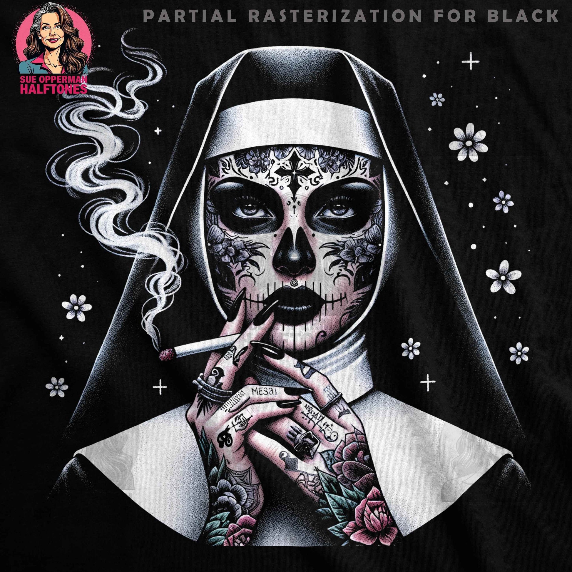 Sugar Skull Nun Smoking Halftone T-shirt Design - halftone PNG for T-shirts – Sue Opperman Halftones