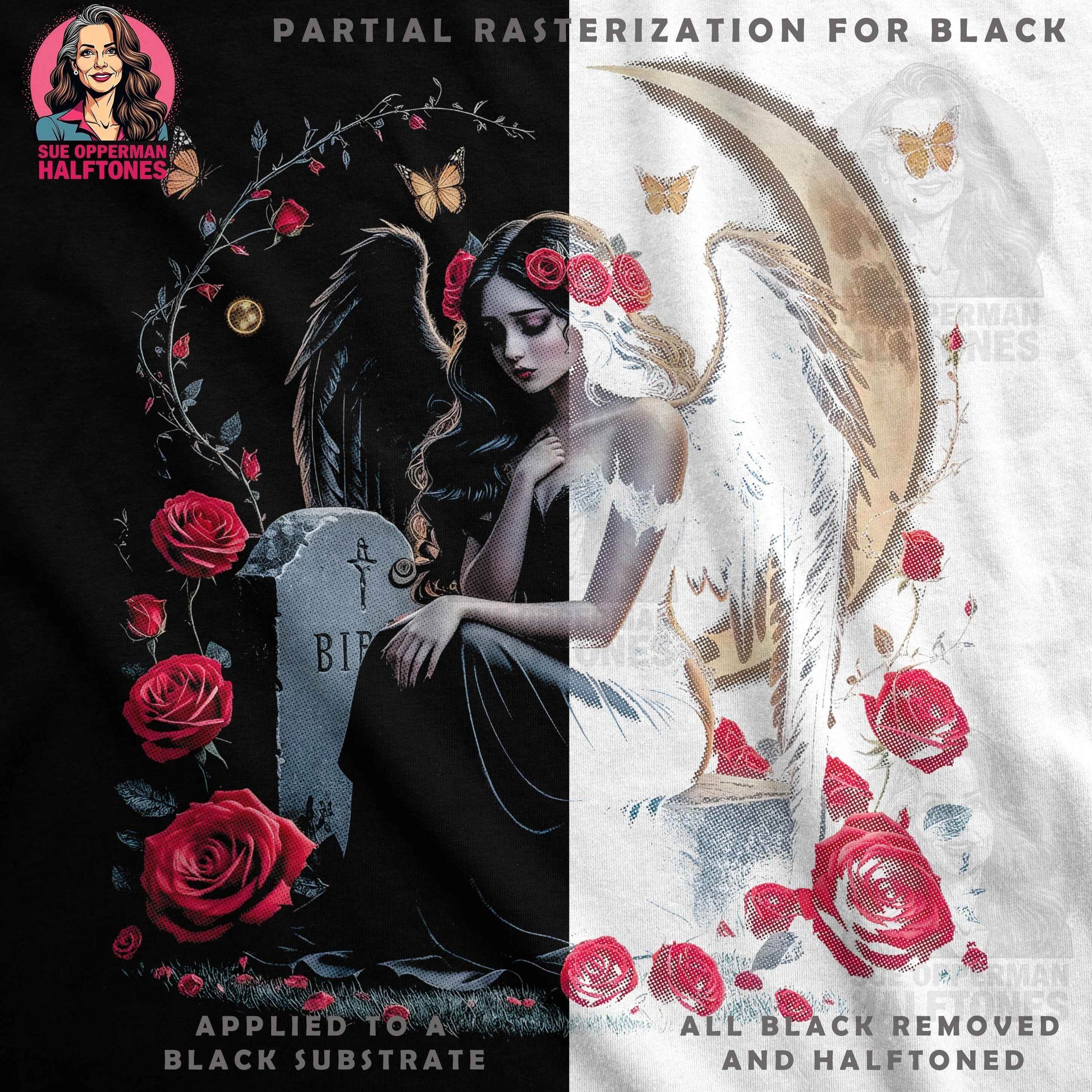 Gothic Angel Roses Butterflies Halftone T-Shirt Design - halftone PNG for T-shirts – Sue Opperman Halftones