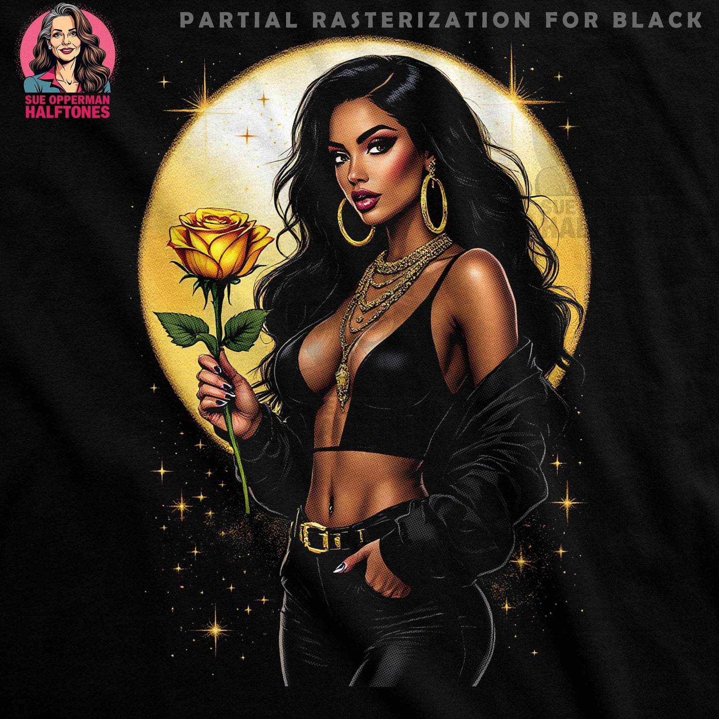 Glamorous Woman with Rose Halftone T-Shirt Design Digital - halftone PNG for T-shirts – Sue Opperman Halftones