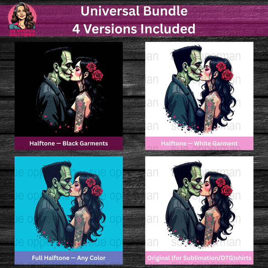 Halloween Frankenstein Kiss Universal Print Bundle Digital - halftone PNG for T-shirts – Sue Opperman Halftones