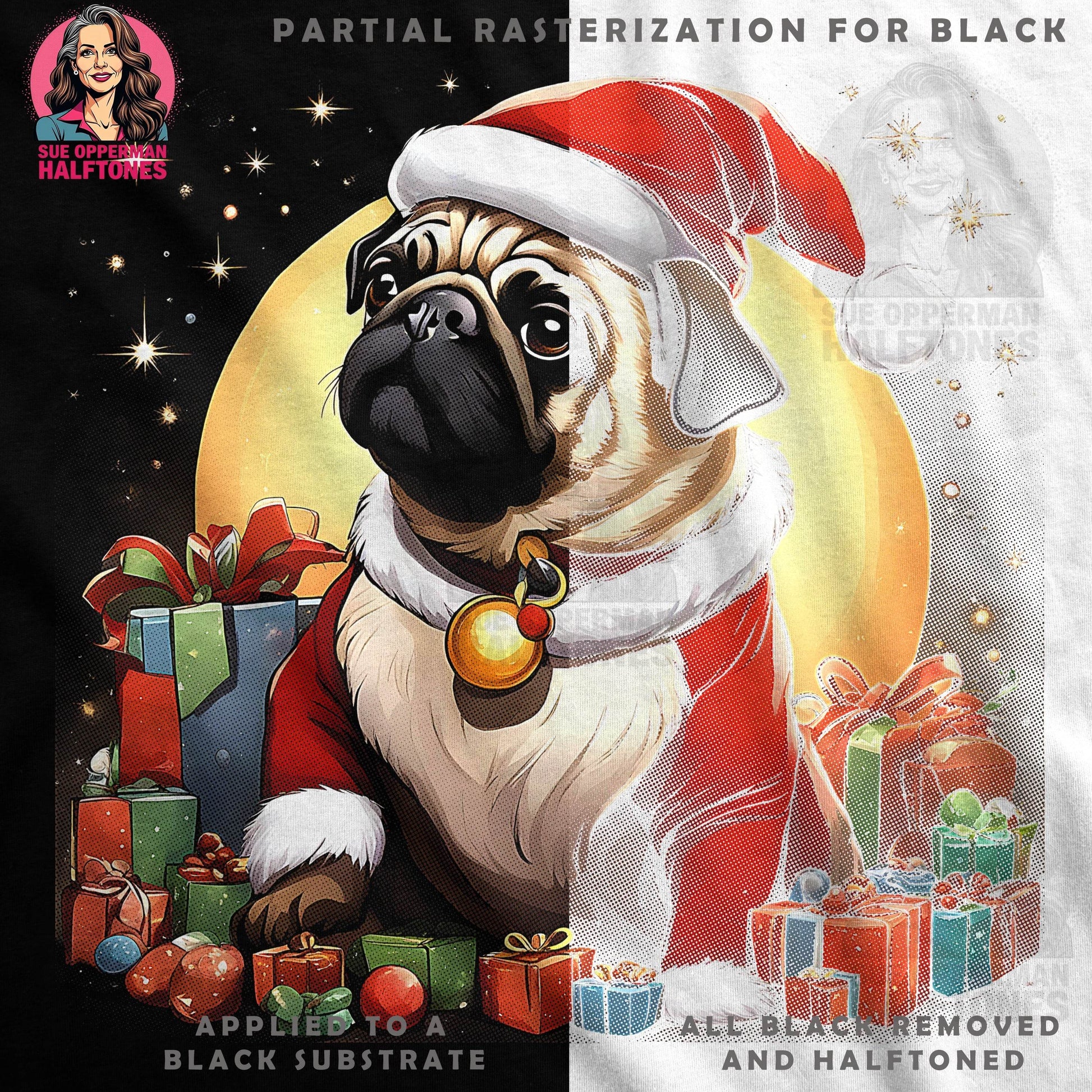 Christmas Pug Santa with Gifts Halftoned T-Shirt Design - halftone PNG for T-shirts – Sue Opperman Halftones