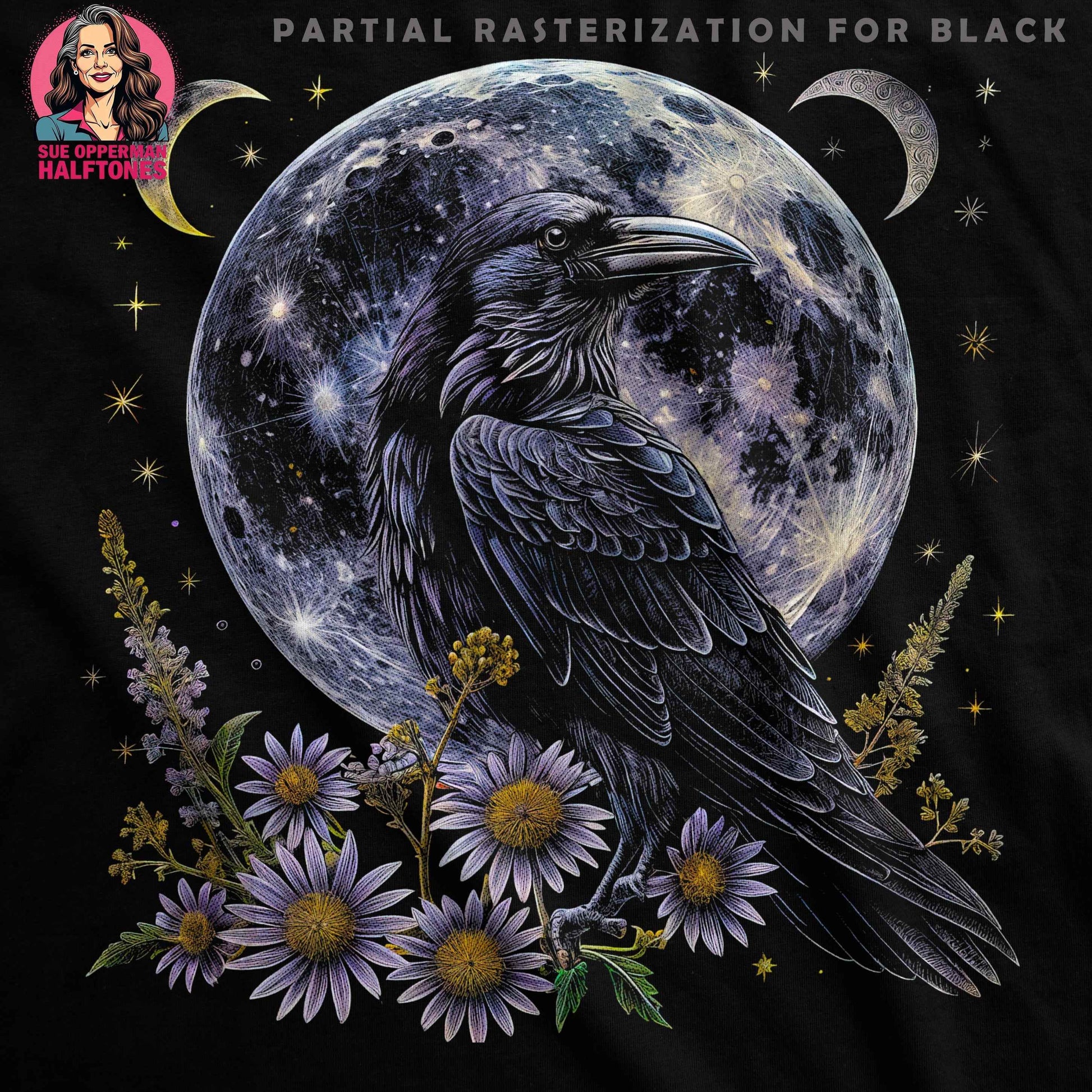Gothic Raven with Moon Halftone Digital Halftoned T-Shirt Design - halftone PNG for T-shirts – Sue Opperman Halftones
