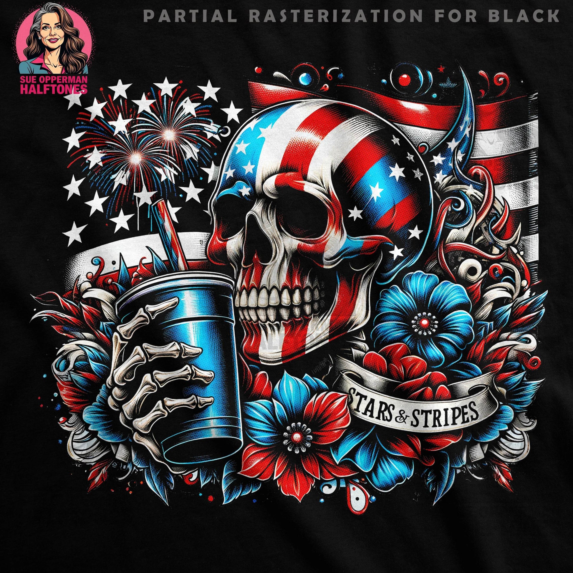 Patriotic Skull Floral Stars Stripes Halftoned T-Shirt Design - halftone PNG for T-shirts – Sue Opperman Halftones