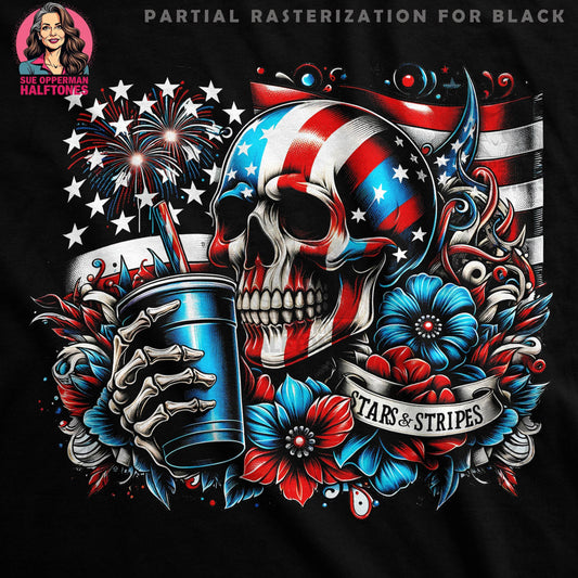 Patriotic Skull Floral Stars Stripes Halftoned T-Shirt Design - halftone PNG for T-shirts – Sue Opperman Halftones