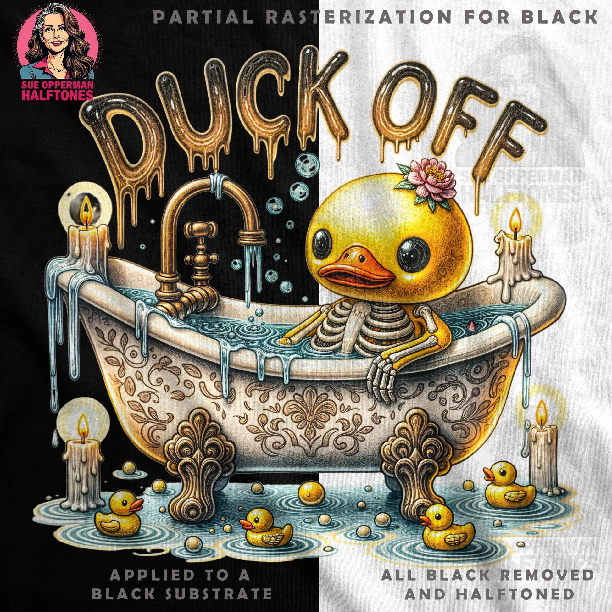 Duck Skeleton In Bathtub Halftone T-Shirt Design Digital - halftone PNG for T-shirts – Sue Opperman Halftones