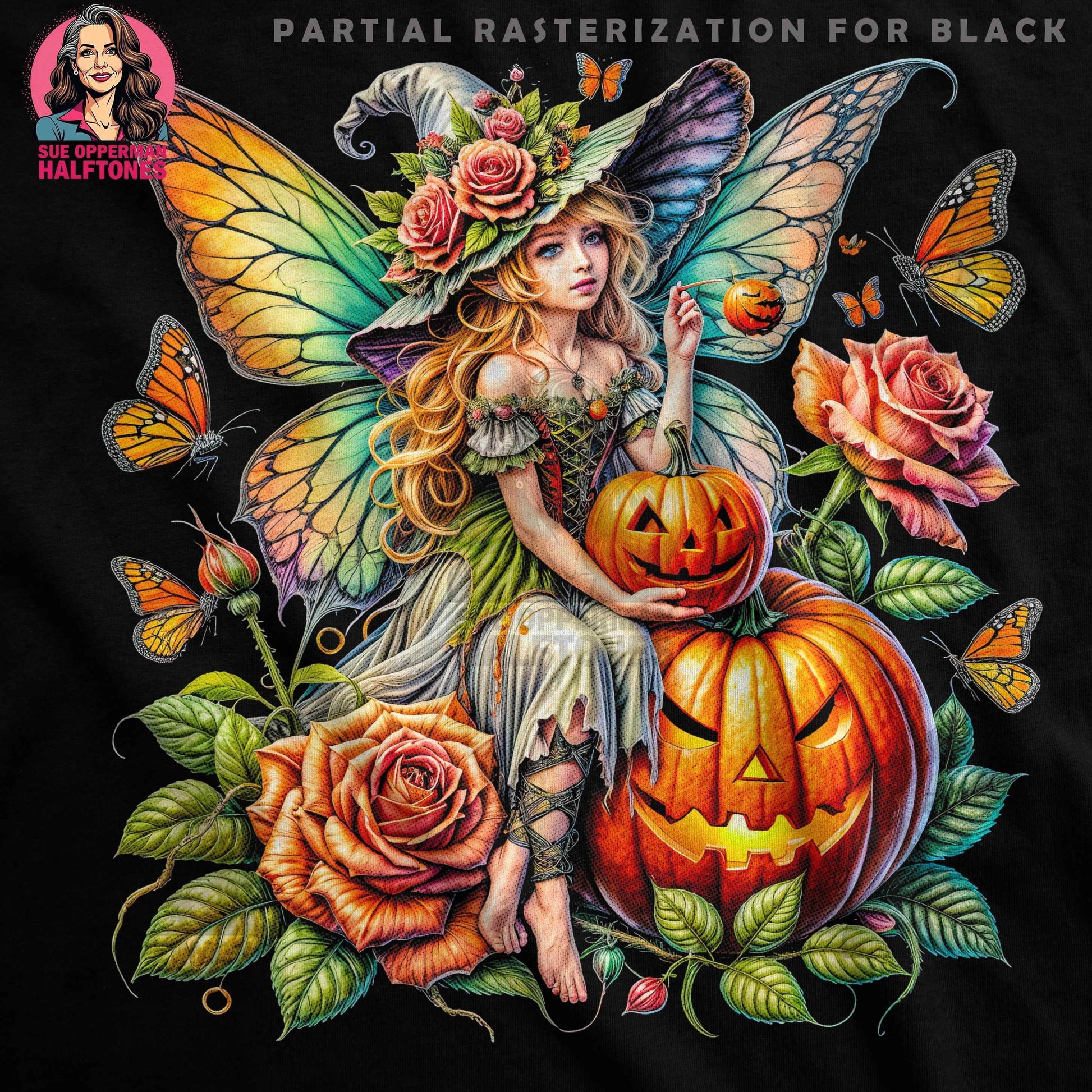 Halloween Fairy With Pumpkins Halftone T-Shirt Design Digital - halftone PNG for T-shirts – Sue Opperman Halftones