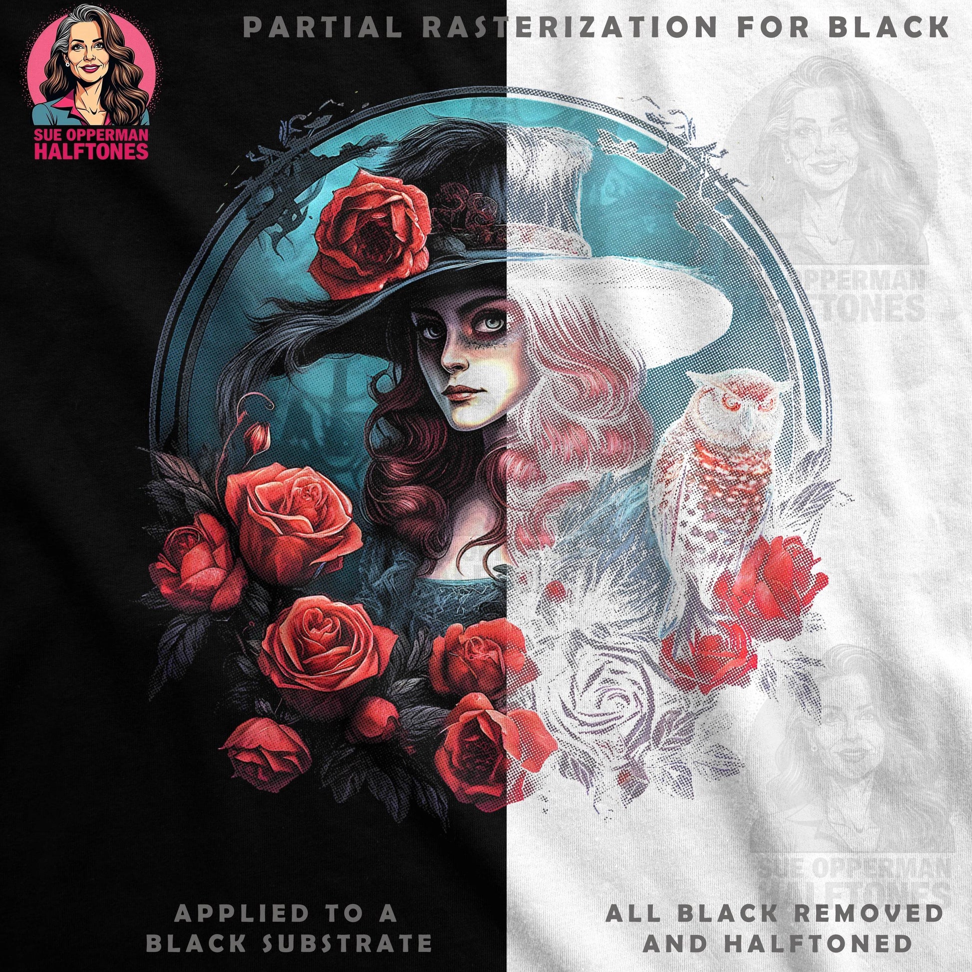 Glamour Roses and Owl Detailed Halftone T-Shirt Design - halftone PNG for T-shirts – Sue Opperman Halftones