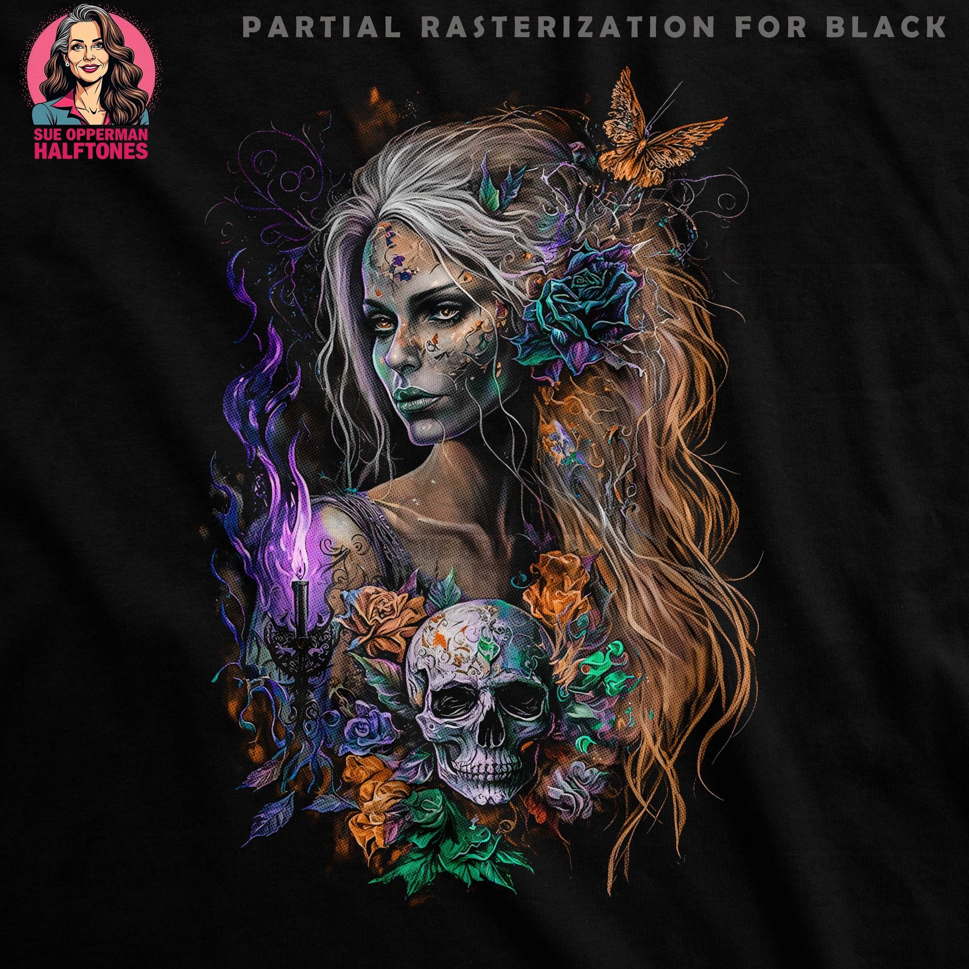 Skull Lady with Roses Halftone T-Shirt Design - halftone PNG for T-shirts – Sue Opperman Halftones