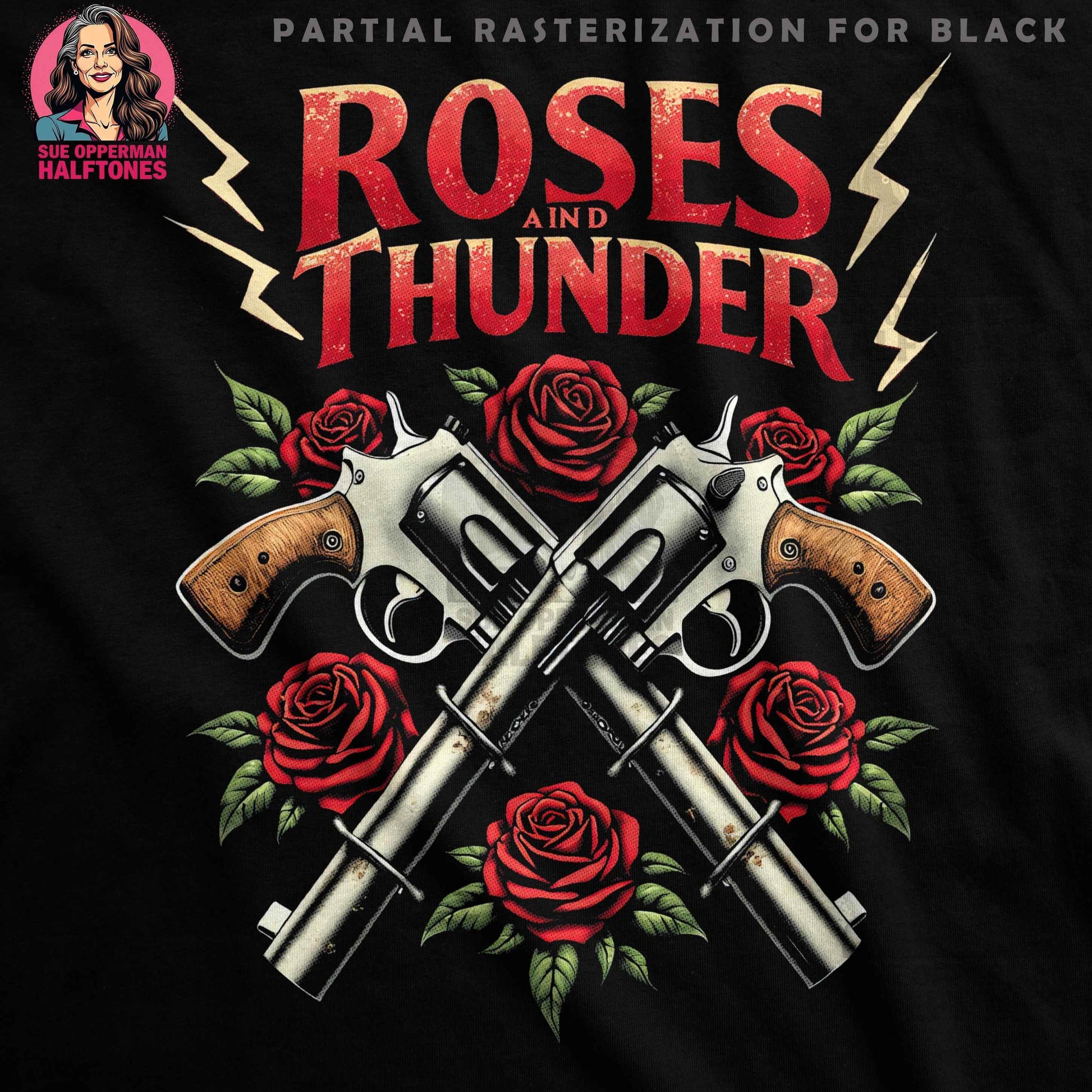 Roses and Thunder with Guns Halftoned T-Shirt Design - halftone PNG for T-shirts – Sue Opperman Halftones
