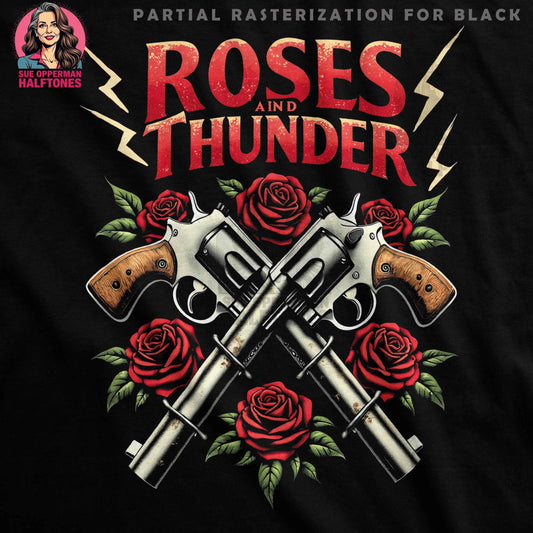 Roses and Thunder with Guns Halftoned T-Shirt Design - halftone PNG for T-shirts – Sue Opperman Halftones