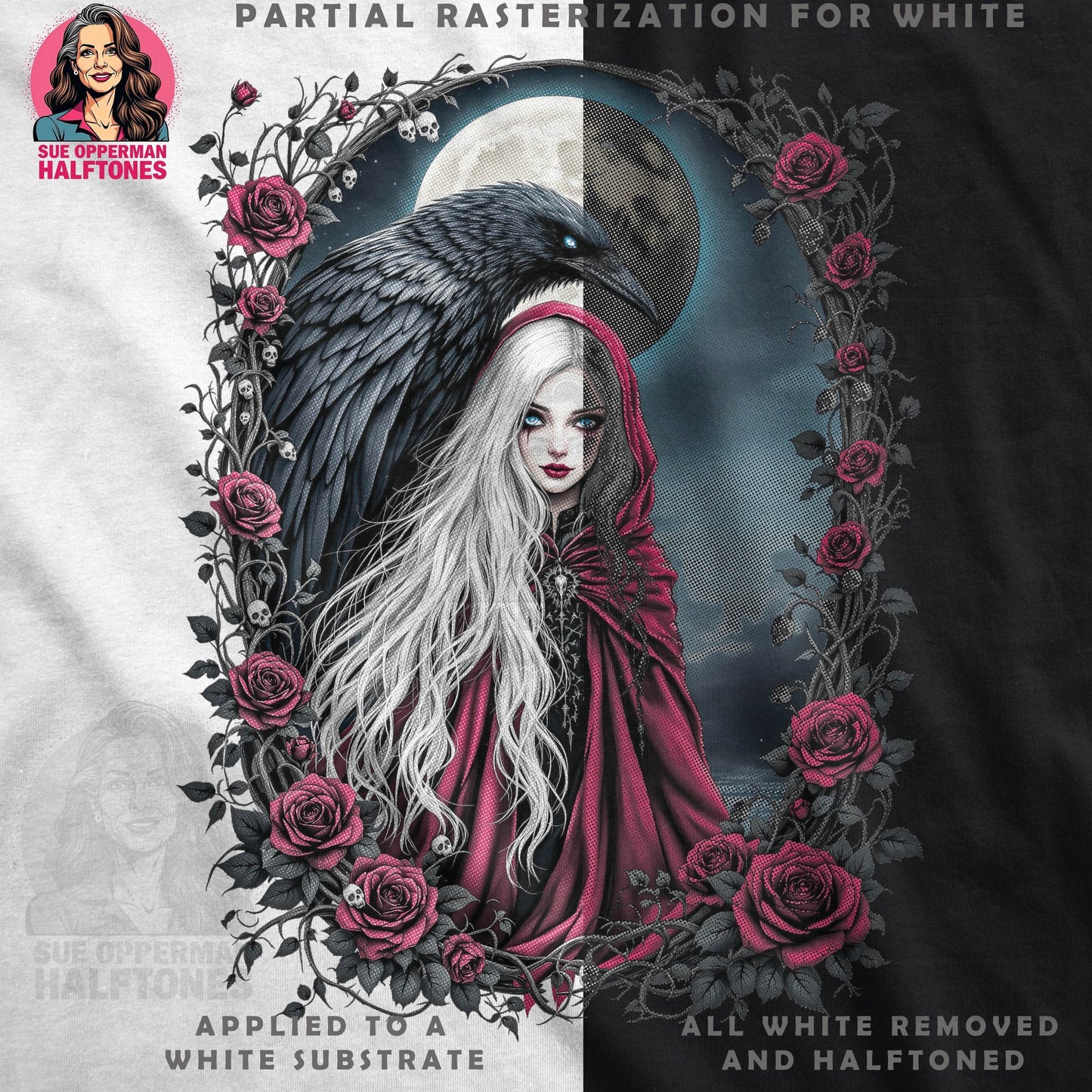 Fantasy Woman With Raven Universal Print Bundle - halftone PNG for T-shirts – Sue Opperman Halftones