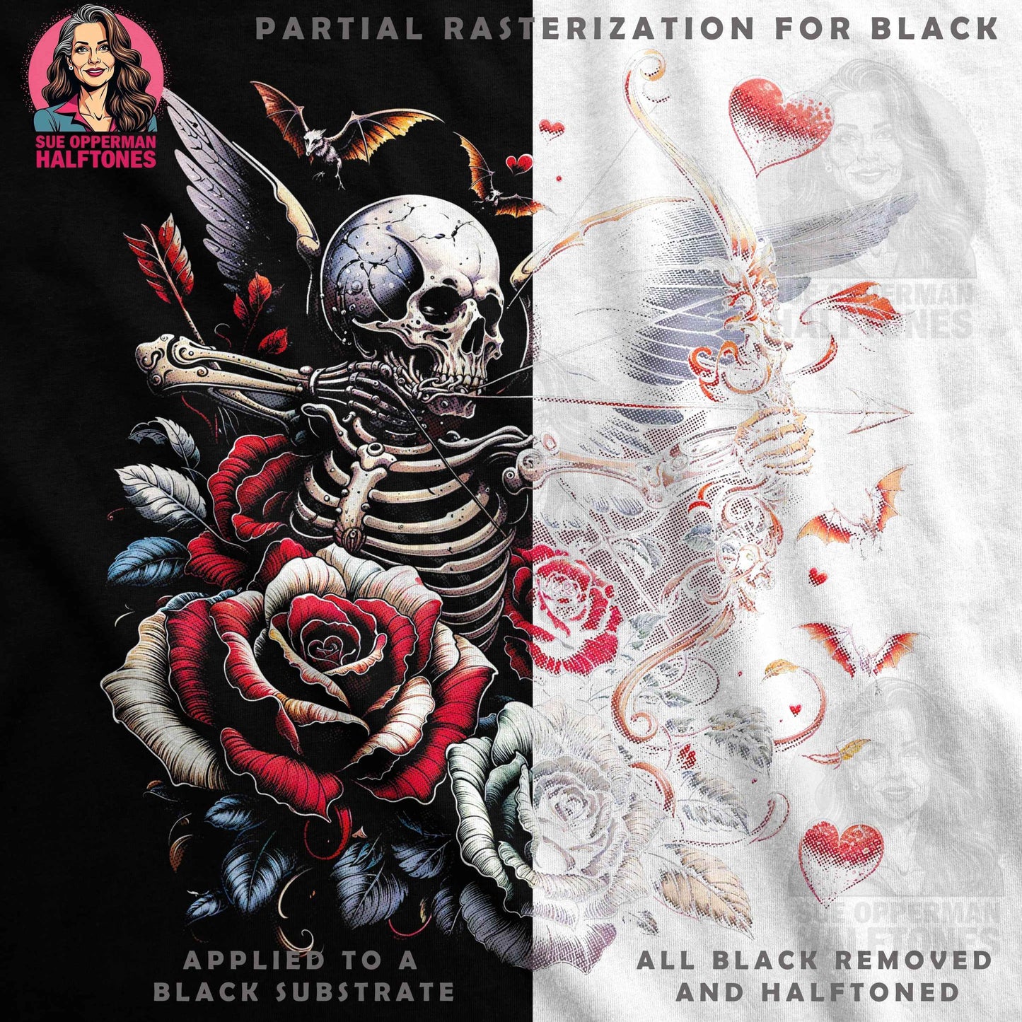 Valentines Skull Roses Skeleton Angel Wings Halftoned T-Shirt Design - halftone PNG for T-shirts – Sue Opperman Halftones