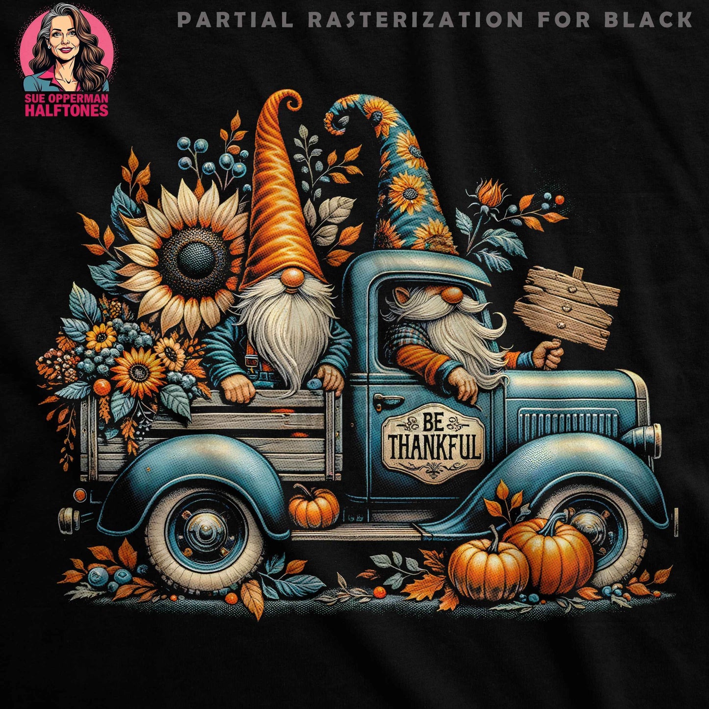 Thanksgiving Gnomes In A Truck Digital Halftoned T-Shirt Design - halftone PNG for T-shirts – Sue Opperman Halftones