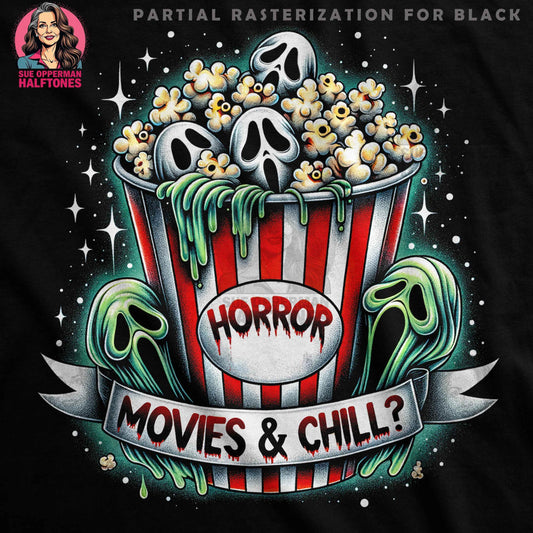 Horror Movies and Chill Halftone Digital Halftoned T-Shirt Design - halftone PNG for T-shirts – Sue Opperman Halftones