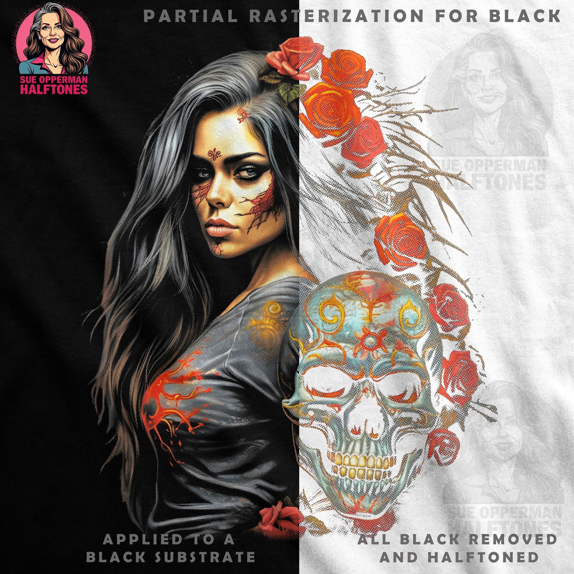 Skull Roses Woman Halftone T-Shirt Design - halftone PNG for T-shirts – Sue Opperman Halftones