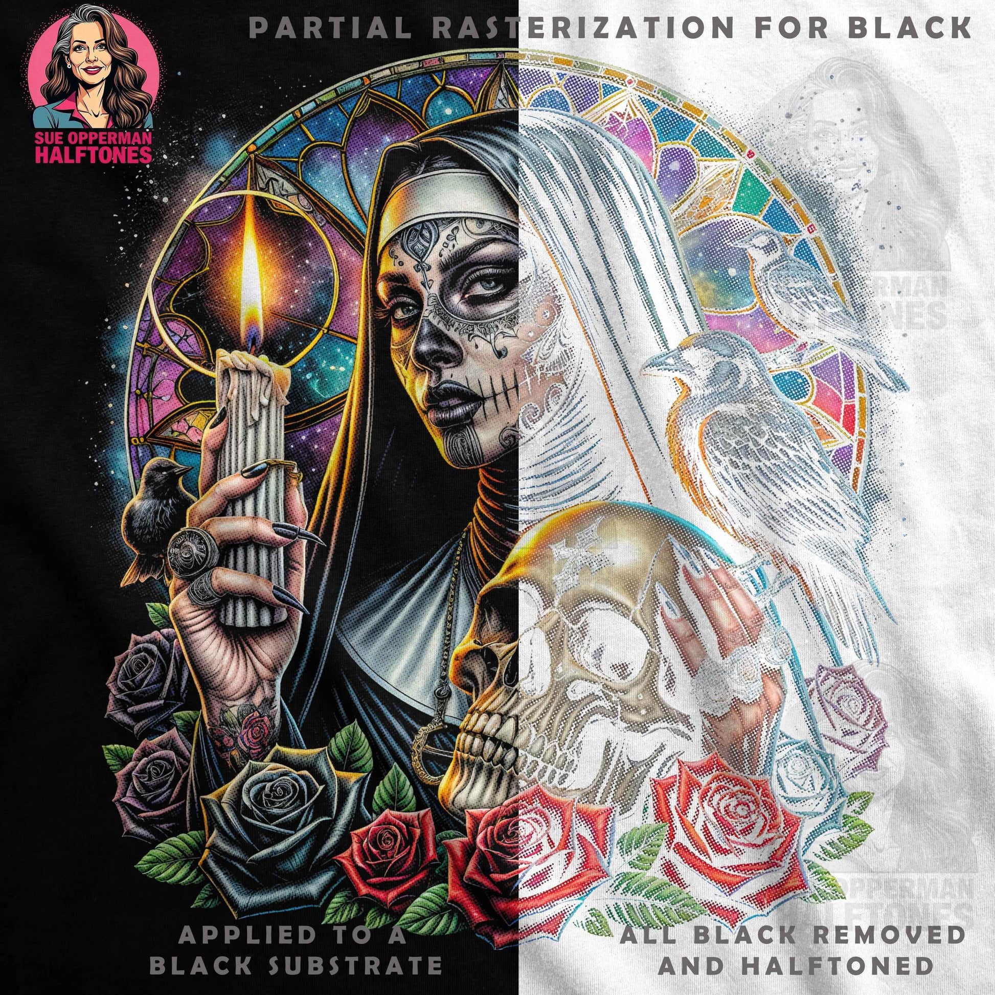 Sugar Skull Nun Saint Halftone T-Shirt Design Digital - halftone PNG for T-shirts – Sue Opperman Halftones