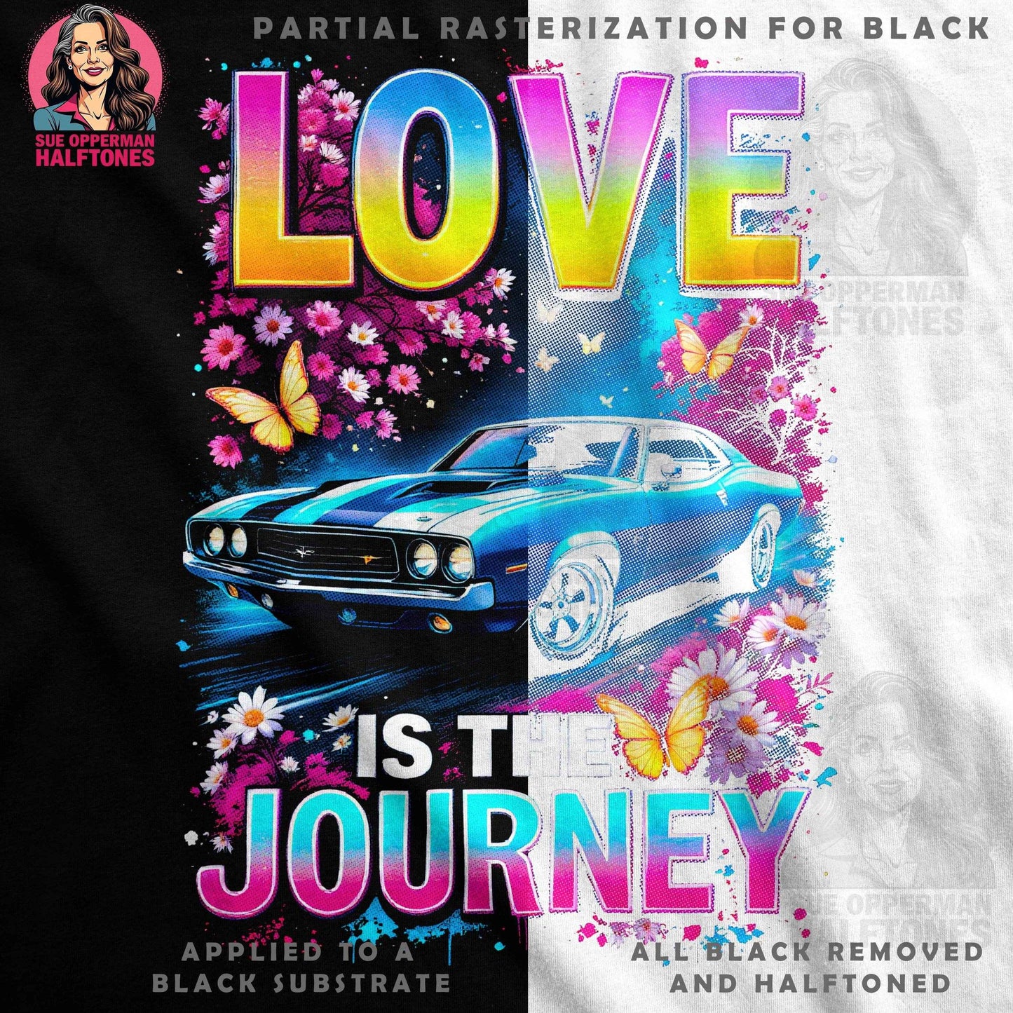 Car with Flowers and Butterflies Halftone T-Shirt Design - halftone PNG for T-shirts – Sue Opperman Halftones