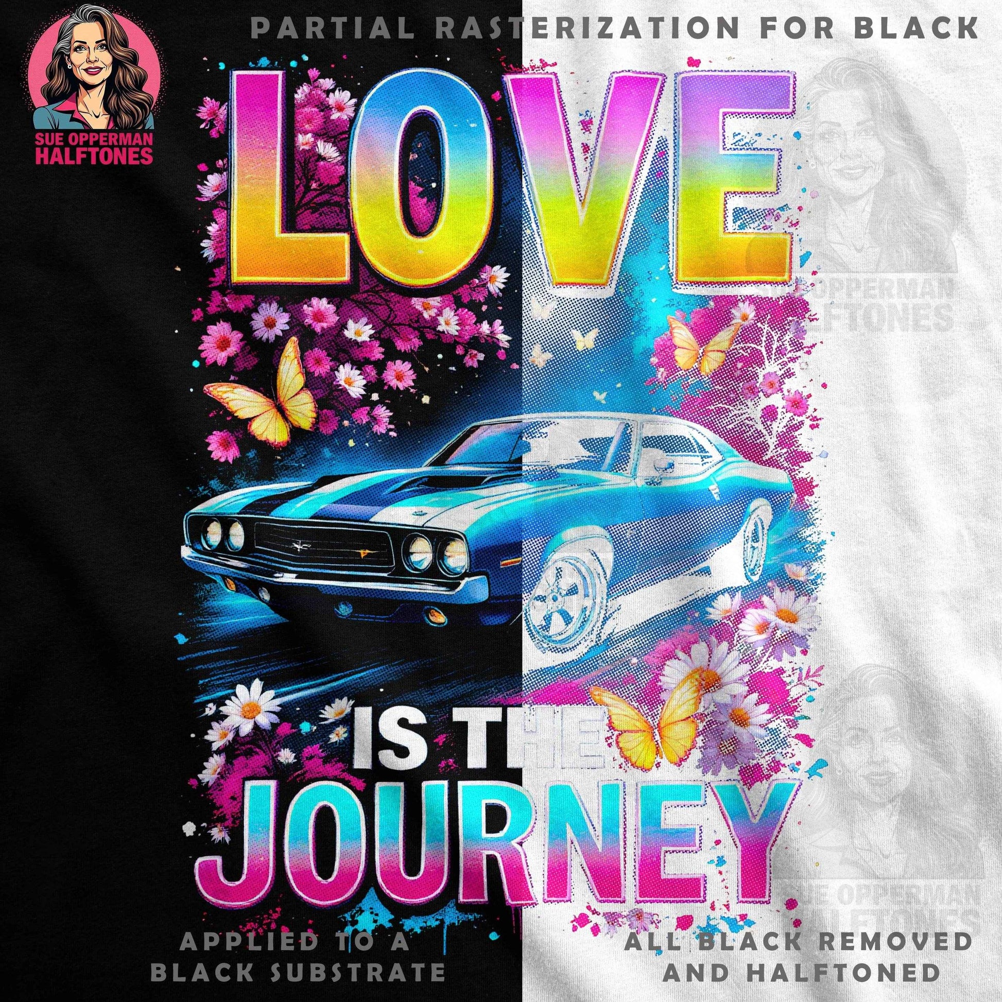 Car with Flowers and Butterflies Halftone T-Shirt Design - halftone PNG for T-shirts – Sue Opperman Halftones