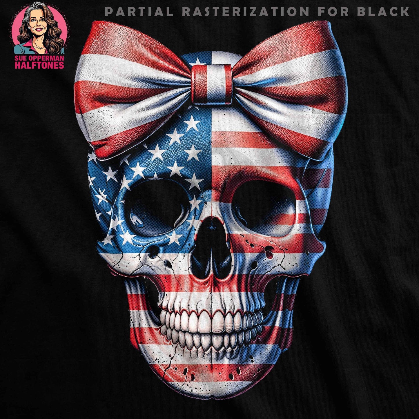 Patriotic Skull with Bow Halftoned T-Shirt Design - halftone PNG for T-shirts – Sue Opperman Halftones