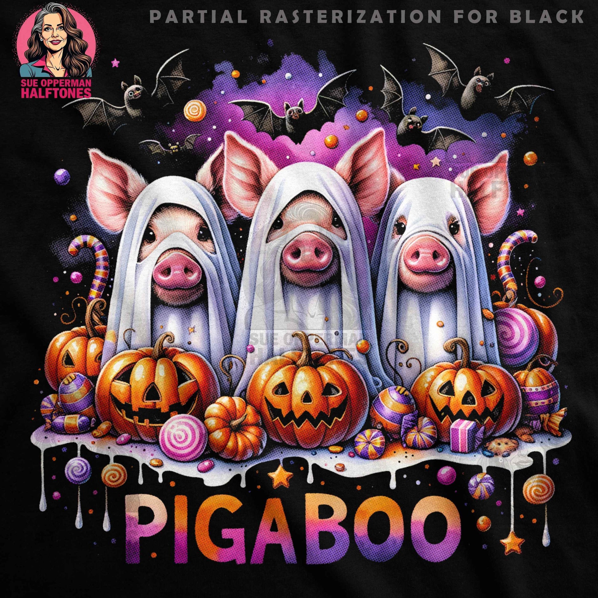 Halloween Pigs with Pumpkins Digital Halftone T-Shirt Design - halftone PNG for T-shirts – Sue Opperman Halftones