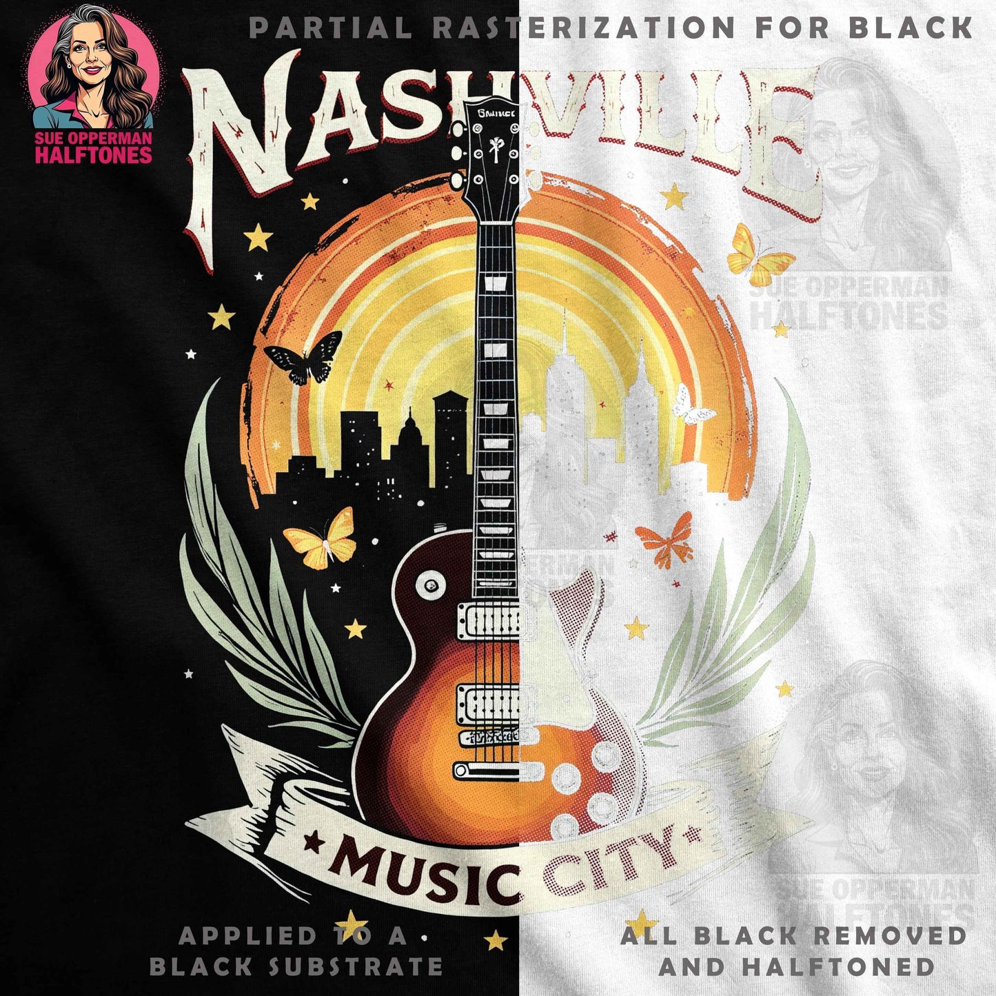 Nashville City Skyline Electric Guitar Halftoned T-Shirt Design - halftone PNG for T-shirts – Sue Opperman Halftones