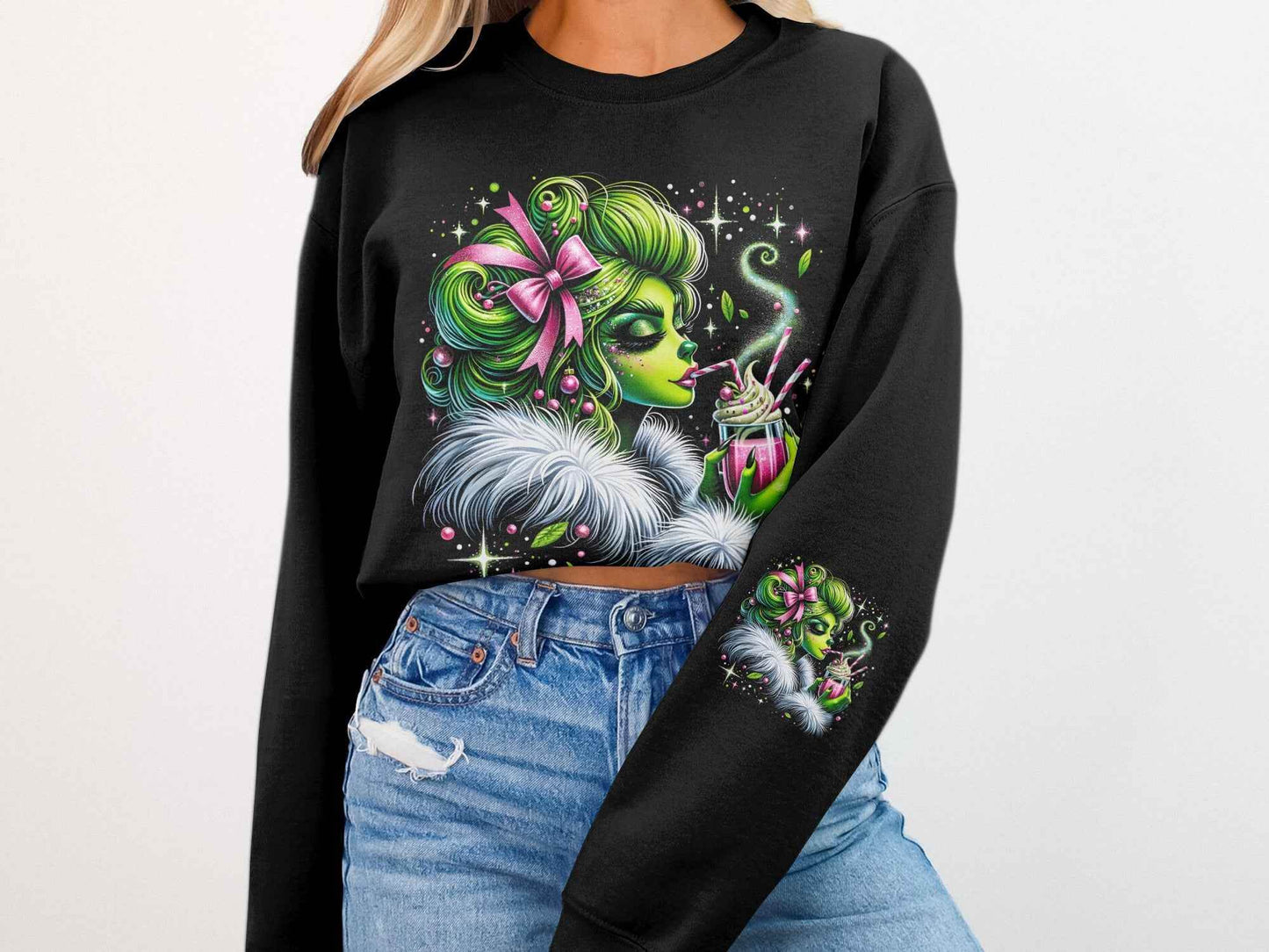 Christmas Grinch Girl Sipping Halftoned T-Shirt Design - halftone PNG for T-shirts – Sue Opperman Halftones