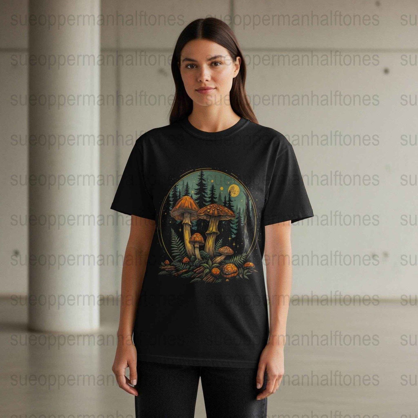Forest Mushrooms Full Moon Halftone T-Shirt Design Digital - halftone PNG for T-shirts – Sue Opperman Halftones
