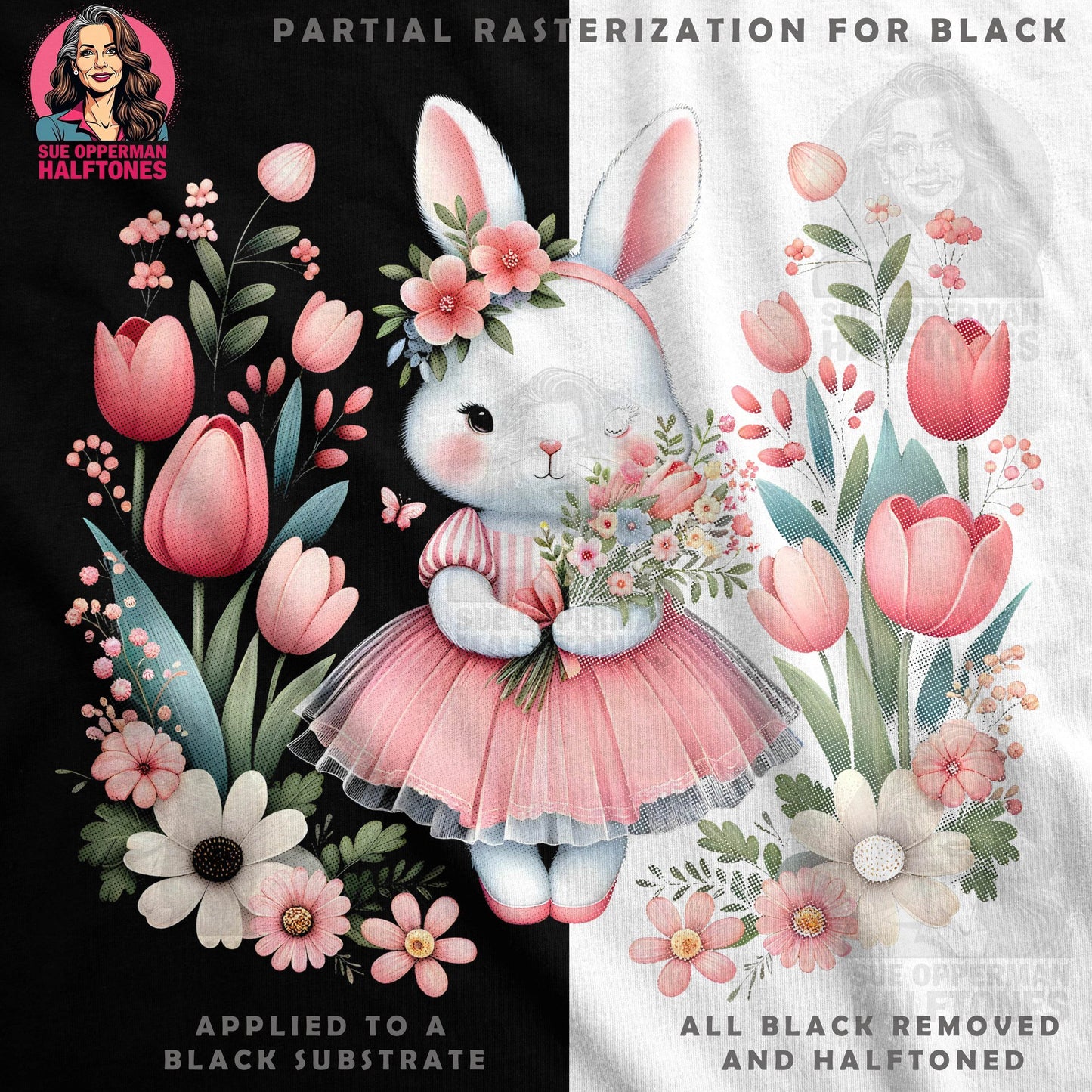 Floral Bunny Illustration With Tulips Halftoned T-Shirt Design - halftone PNG for T-shirts – Sue Opperman Halftones