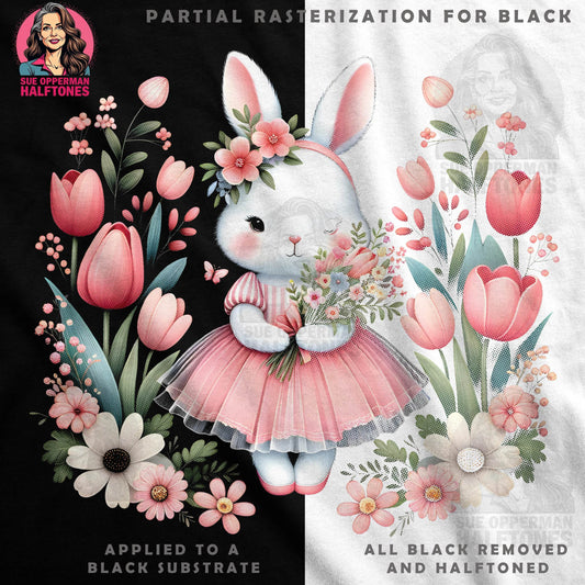 Floral Bunny Illustration With Tulips Halftoned T-Shirt Design - halftone PNG for T-shirts – Sue Opperman Halftones